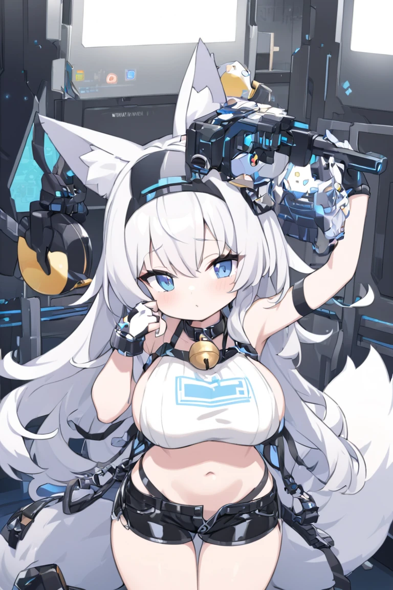 ((obra de arte)), melhor qualidade, absurdo, ultra detalhado, cyberpunk super linda com lindos olhos, lindo cabelo branco multicolorido, rabo de cavalo alto, corpo sexy hot, vestindo um biquini cyberpunk sensual  e sexy, dentro de uma sala de controle em uma nave espacial maluca, 8k, high quality