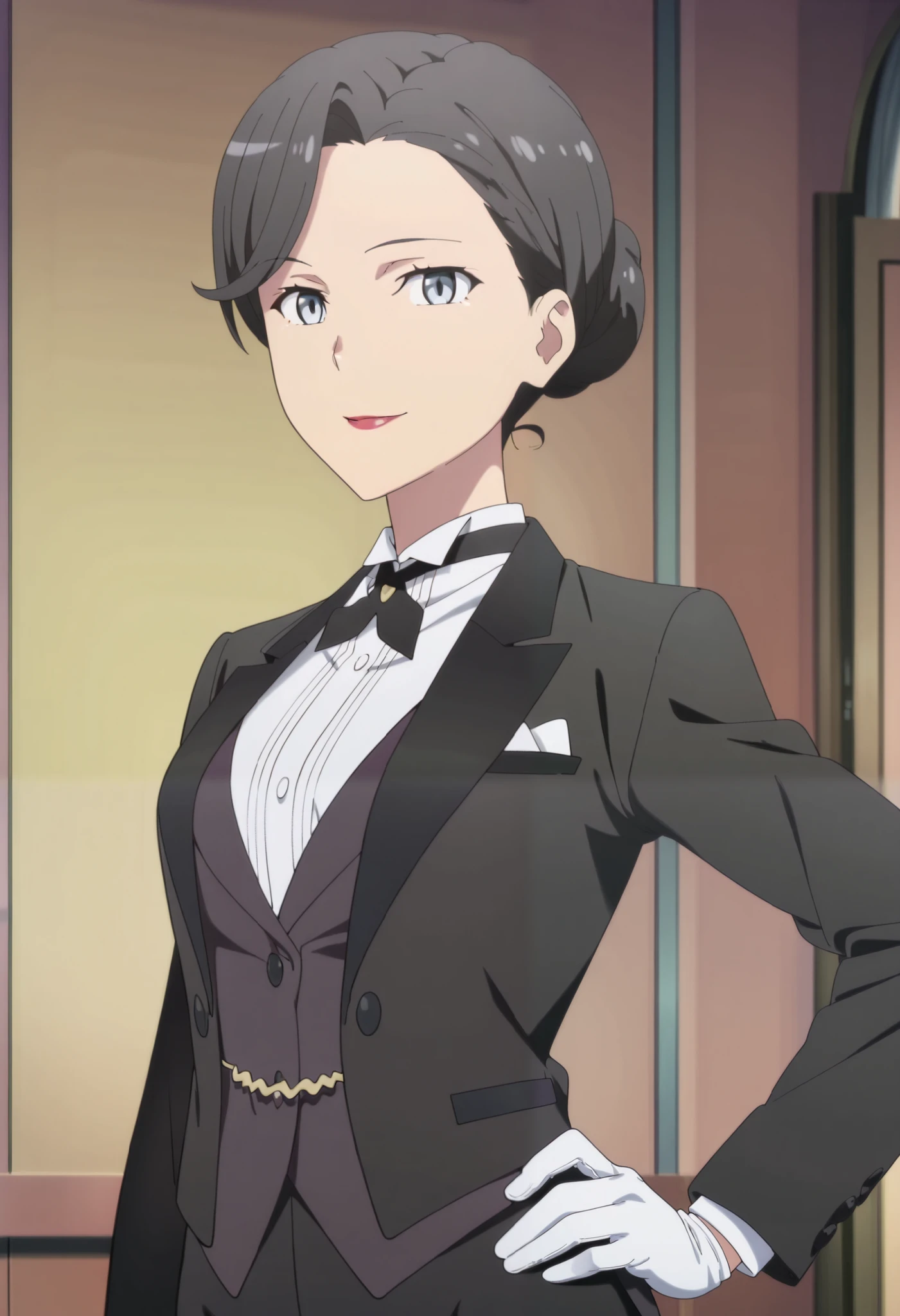 1girl,solo,mm,mature female,hair bun,black hair,blue eyes,lipstick,anime coloring, tuxedo tailcoat, butler, hand on hip, woman in a formal suit,she's looking at the viewer with a calm smile,,, indoors,smile,, gloves ,masterpiece,best quality,amazing quality, ,,reaching at viewer,,,,