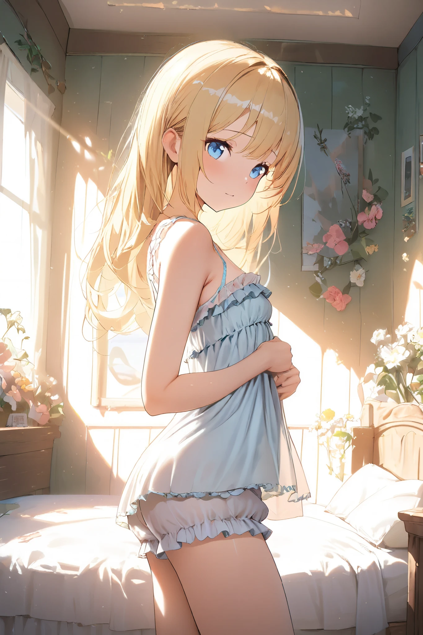 (Top quality illustrations:1.2), (pretty girl:1.1), (1 girl、17 years old), (Kind eyes、blue eyes)、Blonde、Semi-long hair、Mature, {Camisole dress}, Cowboy Shot、Bedroom、On the bed, On all fours, from behind, hip focus, looking around, from below