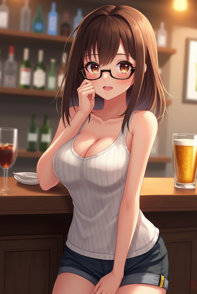 ((best quality)), ((highly detailed)), masterpiece, absurdres, extremely detailed face, beautiful face, (detailed eyes, deep eyes), (1girl), (glasses), cowboy shot, <lora:UntiedBikiniV1:1>, utbikini, Night bikini, <lora:hairdetailer:.8>, (indoors, at a bar, waitress outfit)