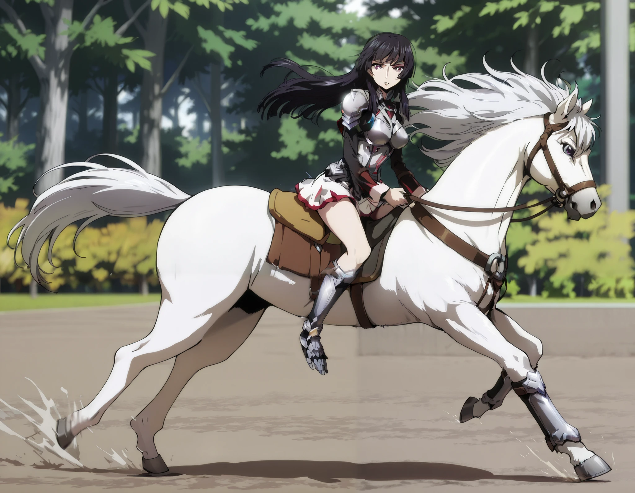  (masterpiece:1.3), (8K, best quality:1.3),, Highest image quality, intricate details, high resolution, depth field, Natural light, professional lighting, ((from front:1.5)), motion blur background, BREAK, kisyu, riding, horse, both hand holding rein, (a female knight riding a horse intense horseback riding chase in the forest, ((( kjosakuya, pink eyes, hime cut, long hair, {black hair}, medium breast, head turn around, grit teeth]), (silver armor, silver shoulder pads, black sleeves, white miniskirt, gauntlet, gloves, bare legs, silver greaves)), ([white horse:1.2, white mane, long mane, black eyes, white tail, saddle, reins, bridle, stirrups, running), BREAK (forest), BREAK solo, FULL BODY, anatomically correct