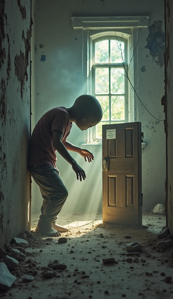 Draw a child standing on a wooden stool, and having a rope around his neck, and make that rope attached to the cealing 