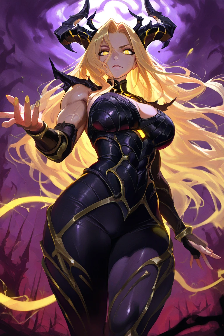 Masterpiece, very detailed, ultra detailed, one, (1 woman), she is in heavy dark black obsidian armor with glowing white details and in an elegant position, super mature, tall, milf style, mature mother, super long hair, bright golden hair, super yellow hair and sideways hair, beautiful, charming, bright white eyes, super white eyes, bright eyes, elegant, athletic physique, athletic physique, toned physique, big breasts (huge, torn), six press packages, friendly smile, charming, dark background, mysterious atmosphere, against the background of killed monsters and reptles.