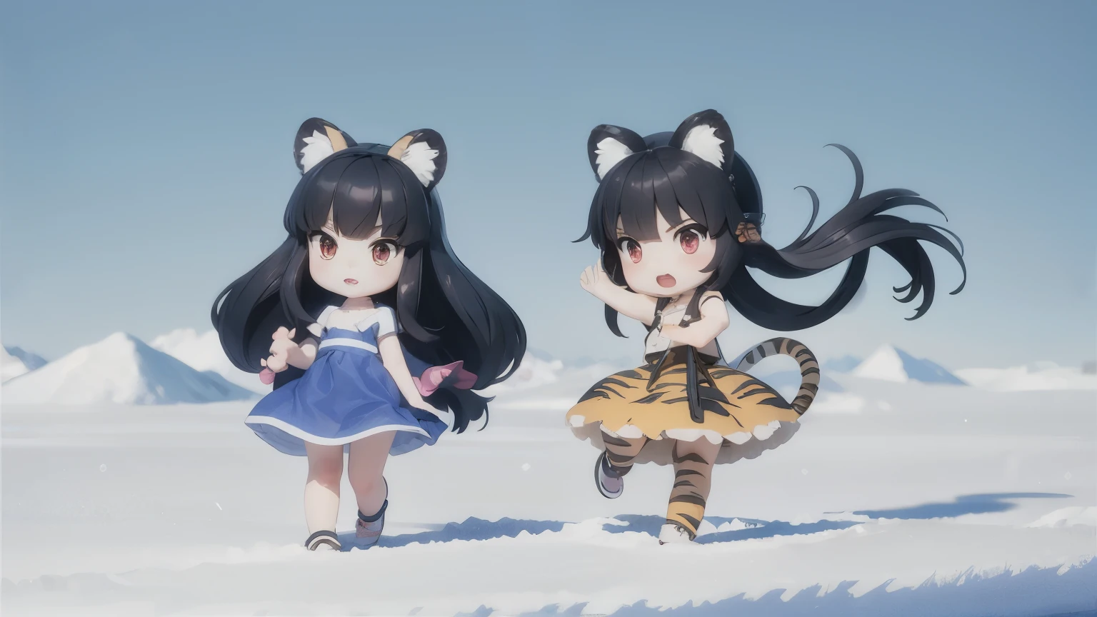 two young girls, ren, with tiger ears and claws, anime style, long black hair, red eyes, fierce expression, blue sundress, field of ice and snow, vibrant background