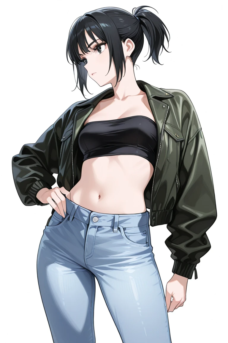 1girl, 1 person, solo female, short dark brown hair, chin length hair. Her face is angular with high cheekbones, a straight nose, and full lips. She has green eyes that are often smudged with black eyeliner, giving her a slightly edgy look. Her skin pale and dotted with a few freckles across her nose and cheeks. tall and lean with a toned, athletic build from years of playing sports. broad shoulders and a narrow waist, giving her an androgynous look. Casual clothing like croptop, hoodies, and ripped short jeans. combat boots and accessorizes with simple jewelry like leather bracelets or silver hoop earrings. Despite her tomboyish style, she still likes to show off her femininity with small touches like painted nails or a delicate necklace, Showing a lot of skin, Showing skin, showing alot of skin, midriff, nsfw