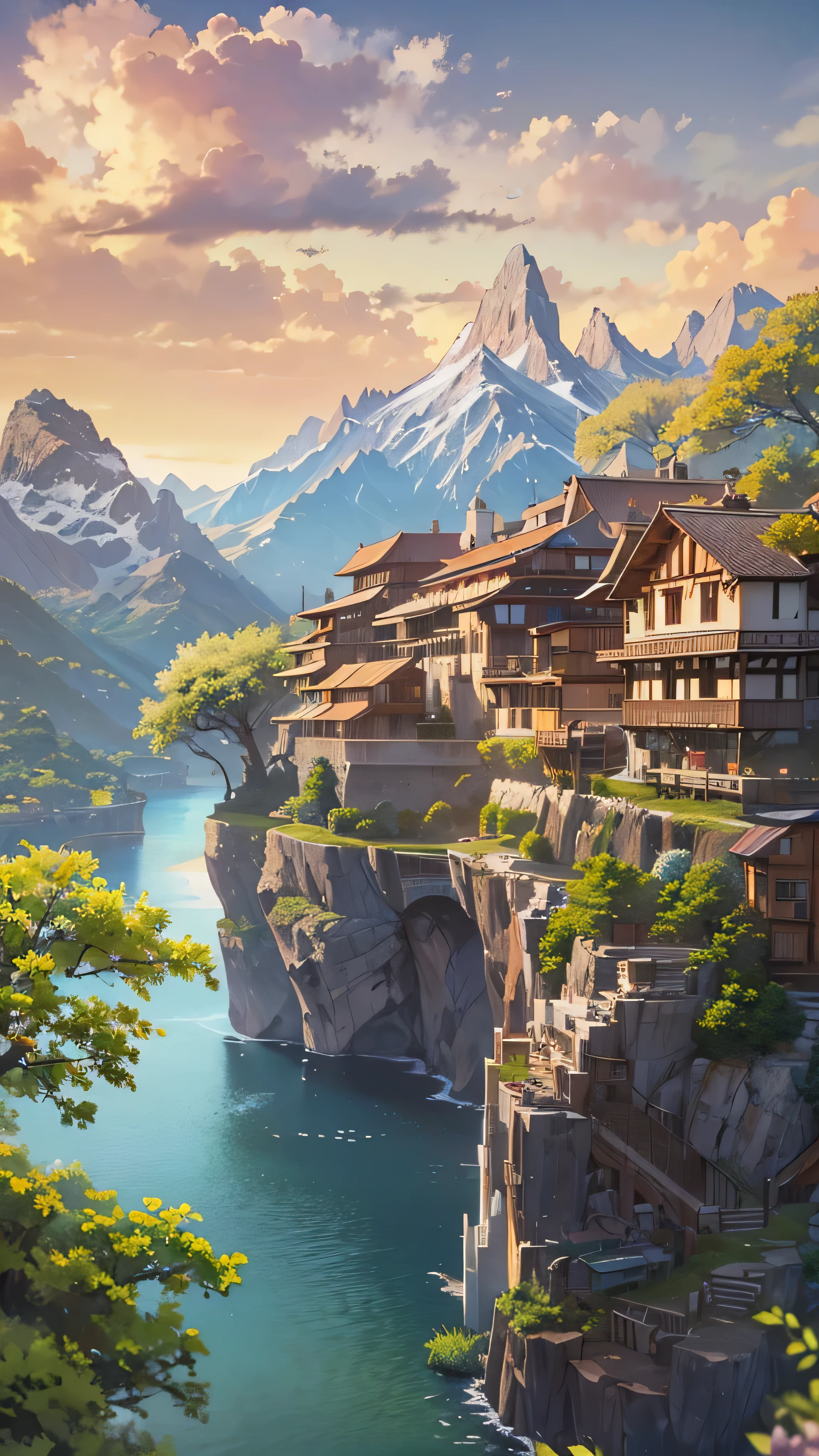 Masterpiece, 最 High Quality , High Quality , Detailed CG Unity 8k Wallpaper , landscape, outdoor, null, cloud, null, no humans, Mountain, landscape, water, tree, colorful flowers, cliff, nature, lake, river , cloudy skies, Award-Winning Photos, depth of field , high definition, bloom, Color Difference, Photorealism , very detailed, ArtStation , CGSociety Trends , complicated , high detail, dramatic, Travel destination