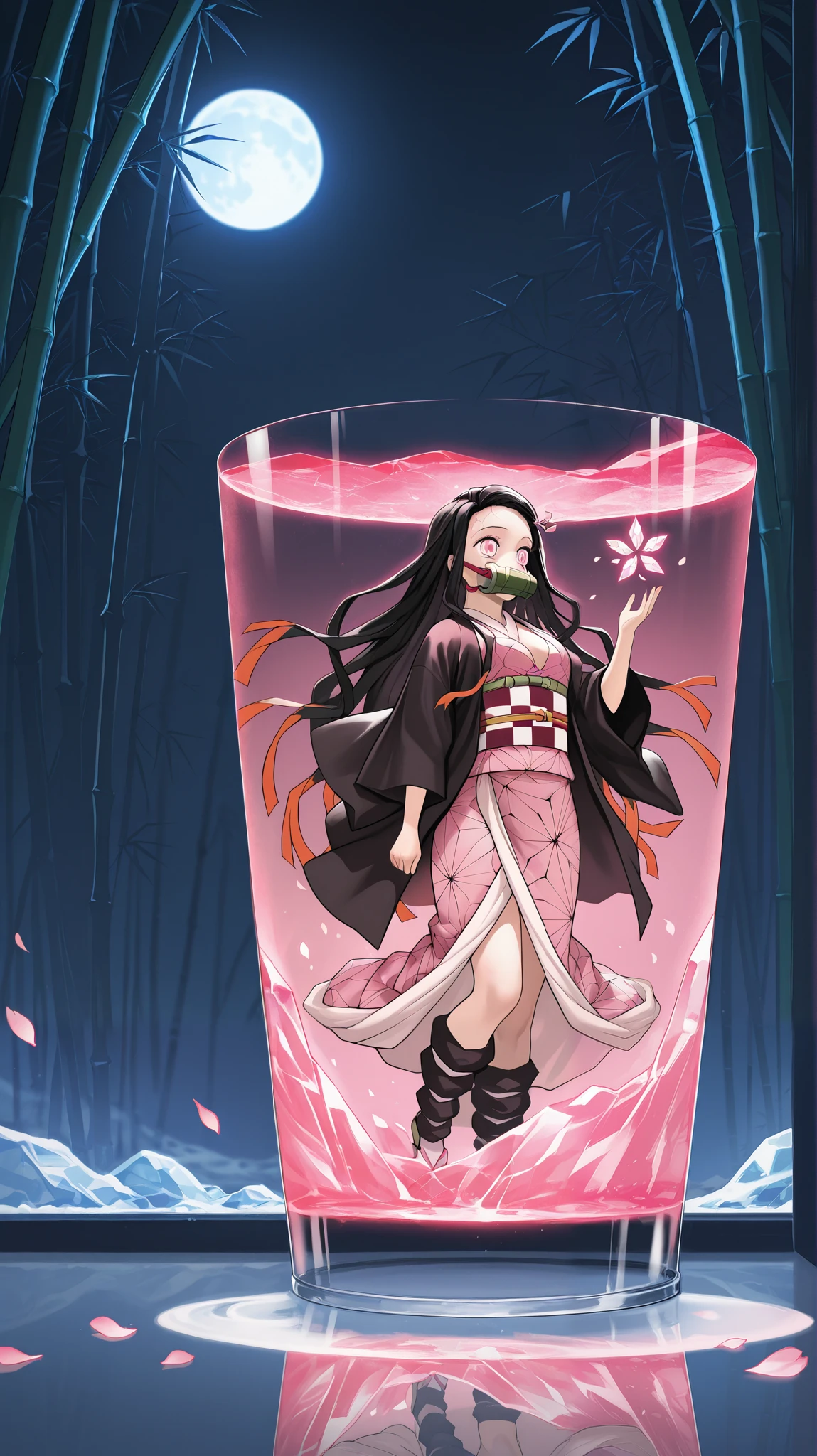A breathtaking hyper-realistic crystalline rendition of Nezuko Kamado from Demon Slayer, her entire form made of delicate pink and translucent ice-like glass. Her kimono is reimagined as flowing crystalline fabric, shimmering with soft light, while glowing sakura petals of glass float around her. Her iconic bamboo muzzle is now a transparent, ice-blue crystal piece, reflecting the glow of the ethereal moonlight. Her eyes shine with an amber glow, resembling molten glass trapped within a frozen sculpture. The background is a serene winter night, with icy mist swirling around her feet, and the full moon reflecting against the glass-like ground. Extreme photorealism, highly detailed reflections, cinematic lighting, and ultra-crisp textures. --v 6 --ar 16:9 --style raw --q 2 --s 750