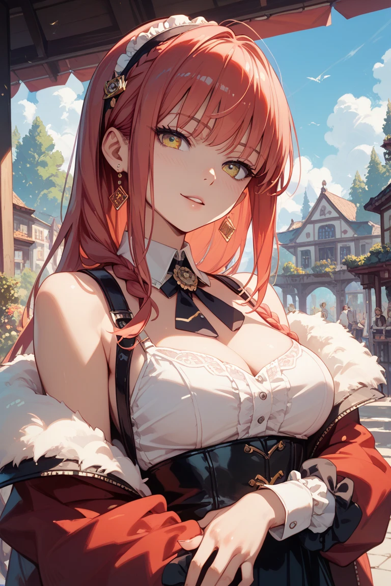 (Masterpiece, Best Quality, High Quality, Highres:1.4), Detailed, Extremely Detailed, Ambient Soft Lighting, 4K, Ornate,

Street snap, looking at viewer, camera flirting, cute pose, vignette photography, (Renaissance, Vintage:1.4), Plants, shops,

1Gril, (Solo:1.4), (Milf:1.2), Standing, Upper Body, (Face Focus:1.2),

(Extremely Detailed Hair:1.2), red Hair, Long Hair, Long Sidelocks, Bangs, (Hair Intakes),

Expressionless, Emotionless, (gray Eyes, Glaring, Contempt, Disgust, Looking at Viewer:1.2),

(clear clothing, transparent cloth, see-through material), (red hair, freckles, huge breasts, underboob),

(Tiara:1.2), Crown, (Cleavage, Strapless, Red Dress, Frilled Dress, Long Skirt, Puffy Skirt, Puffy Sleeves, Juliet Sleeves, Long Sleeves:1.2), gold Jewelry, gold earrings