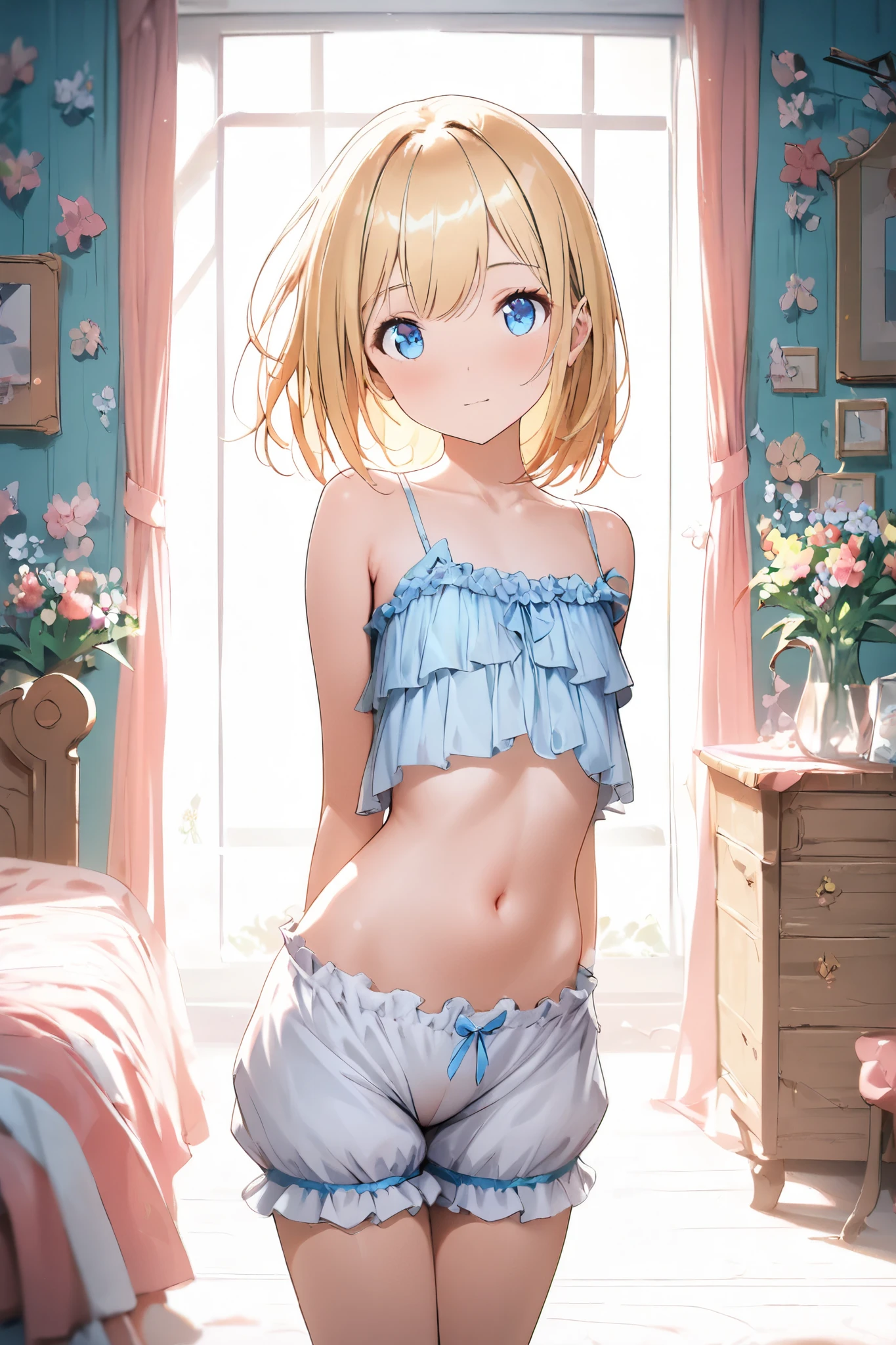 Blonde haired anime girl in blue striped underwear looking straight ahead 
