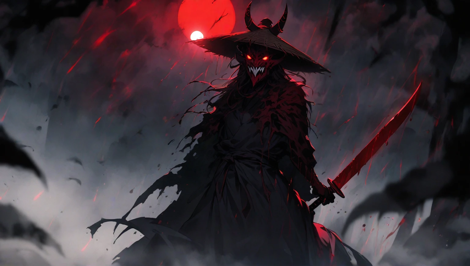 Demon Slayer 1 Yoriichi Tsugikuni。silhouette,There is a red moon in the background、Show me the sword、He is wearing a straw hat,The color is black.、The moon is in the center of the body、No Face。The moon is smiling,Devil's Mouth,