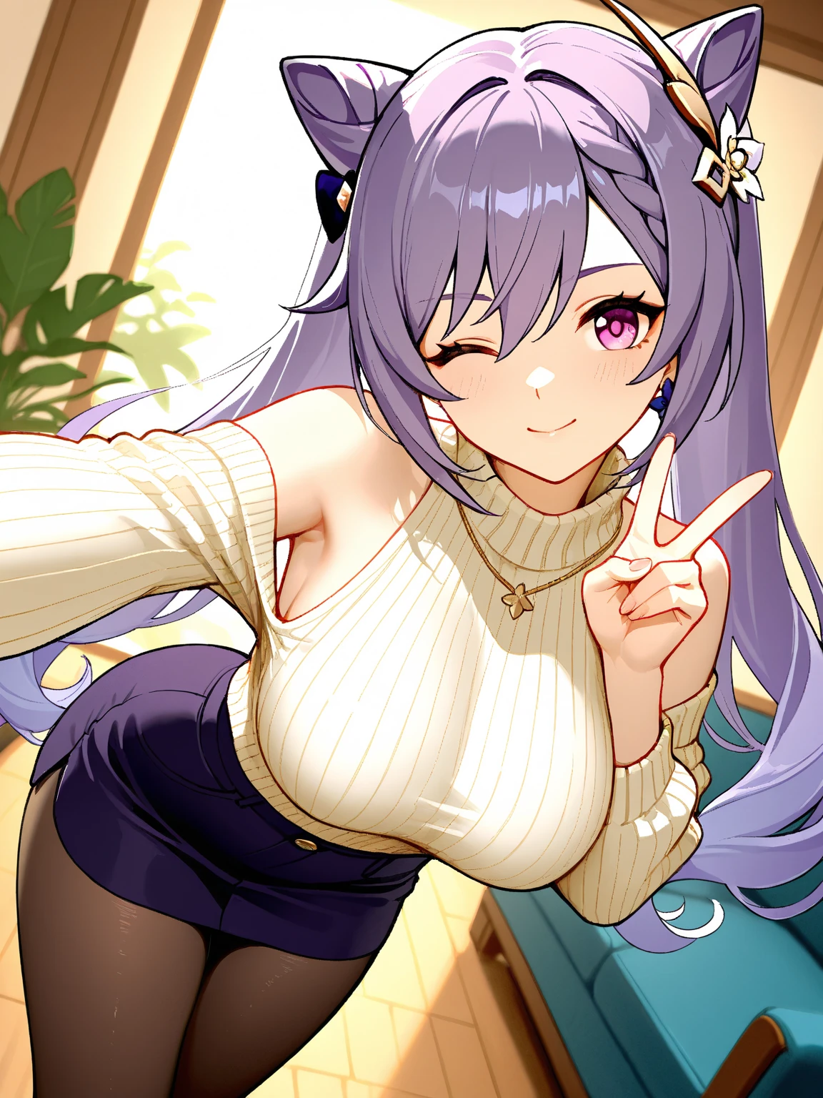 score_9, score_8_up, score_7_up, score_6_up, score_5_up, score_4_up, source_anime, 1girl,lora:raidenshogun1-000009:1>, raidenshogundef, upper body, sexy smile, bed, purple hair, hairpins, brown eyes, long hair, leater jacket, black dress, pants, leather gloves, room, best quality, best res, 4K UHD,