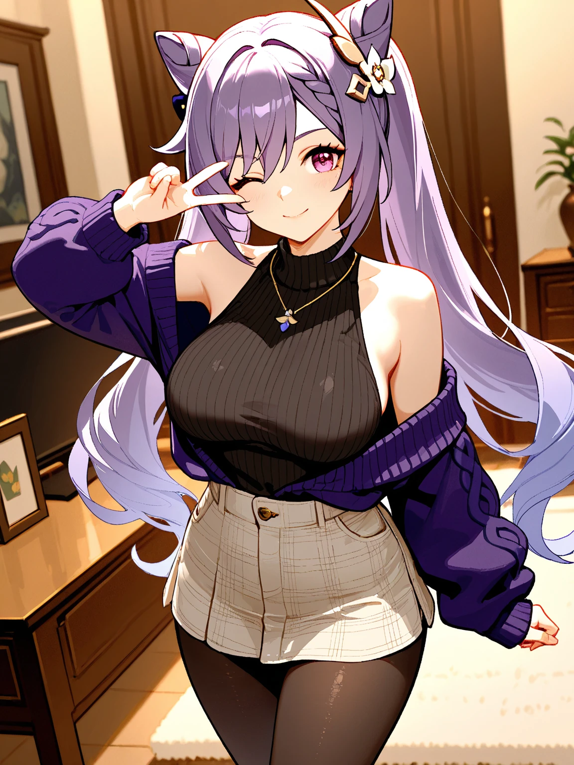 A 17 year old girl with long black hair with purple tips., blue eyes, The chest has cat ears and is large., fluffy cat tail. wearing black round glasses Wear a black crop top that shows off your shoulders.. Wear light purple., off shoulder, long sleeve shirt. and a black flared mini skirt