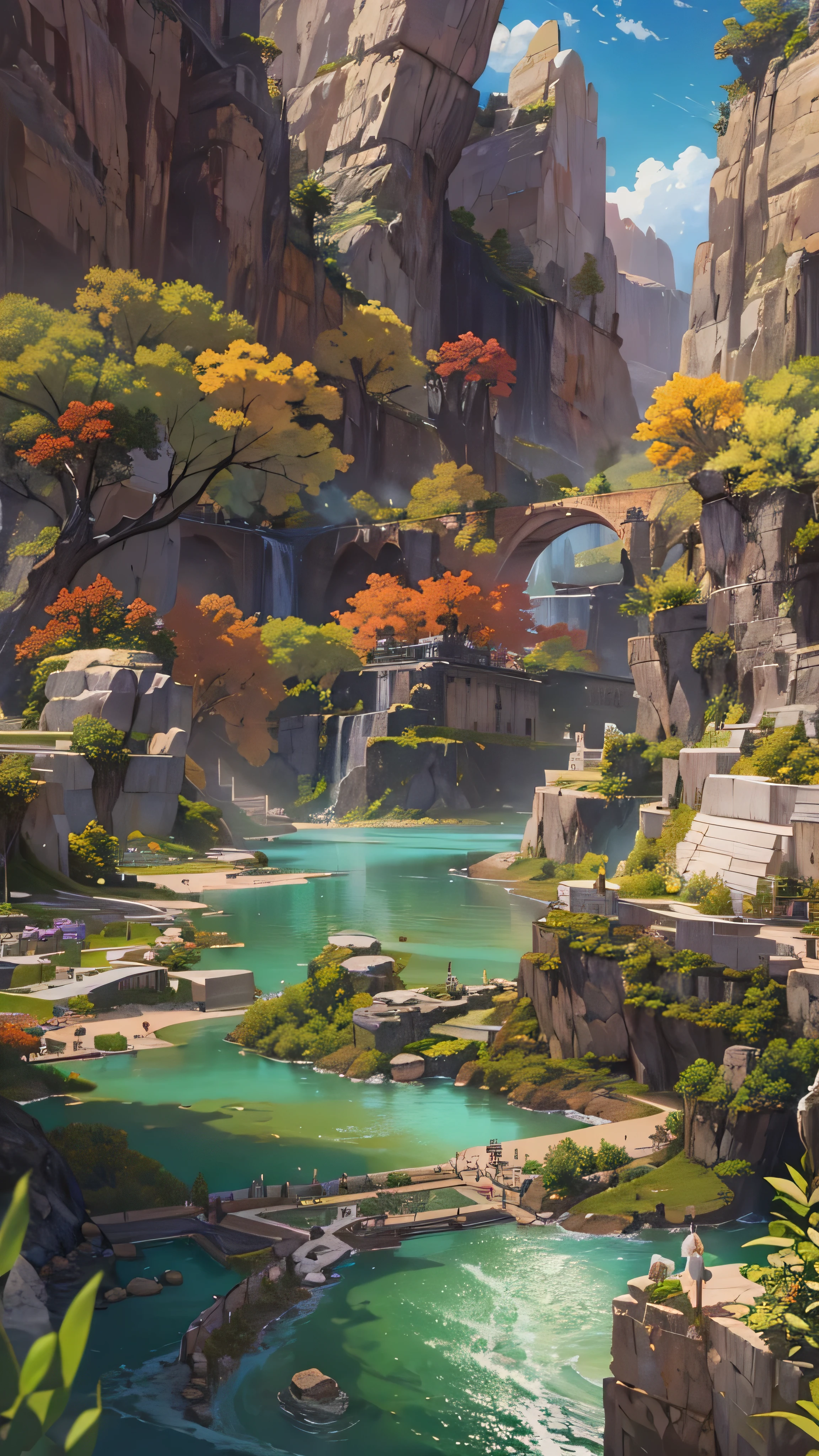 Masterpiece, 最 High Quality , High Quality , Detailed CG Unity 8k Wallpaper , landscape, outdoor, null, cloud, null, no humans, Mountain, landscape, water, tree, colorful flowers, cliff, nature, lake, river , cloudy skies, Award-Winning Photos, depth of field , high definition, bloom, Color Difference, Photorealism , very detailed, ArtStation , CGSociety Trends , complicated , high detail, dramatic, Travel destination