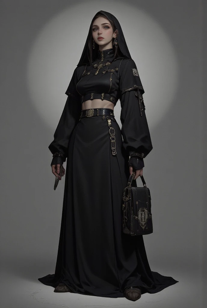 Girl in black plague costume, whole body, on a white background