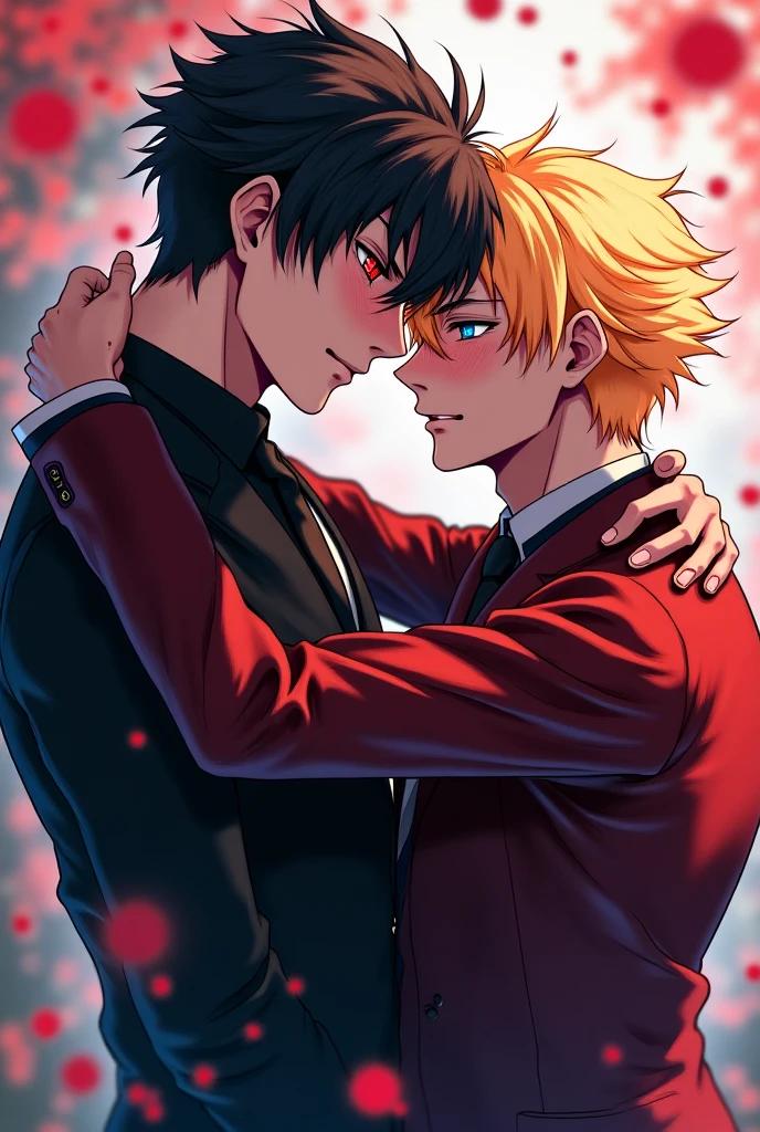 Naruto Uzumaki and Sasuke Uchiha looking in love, with suit and with blood splatter details and rose petals around