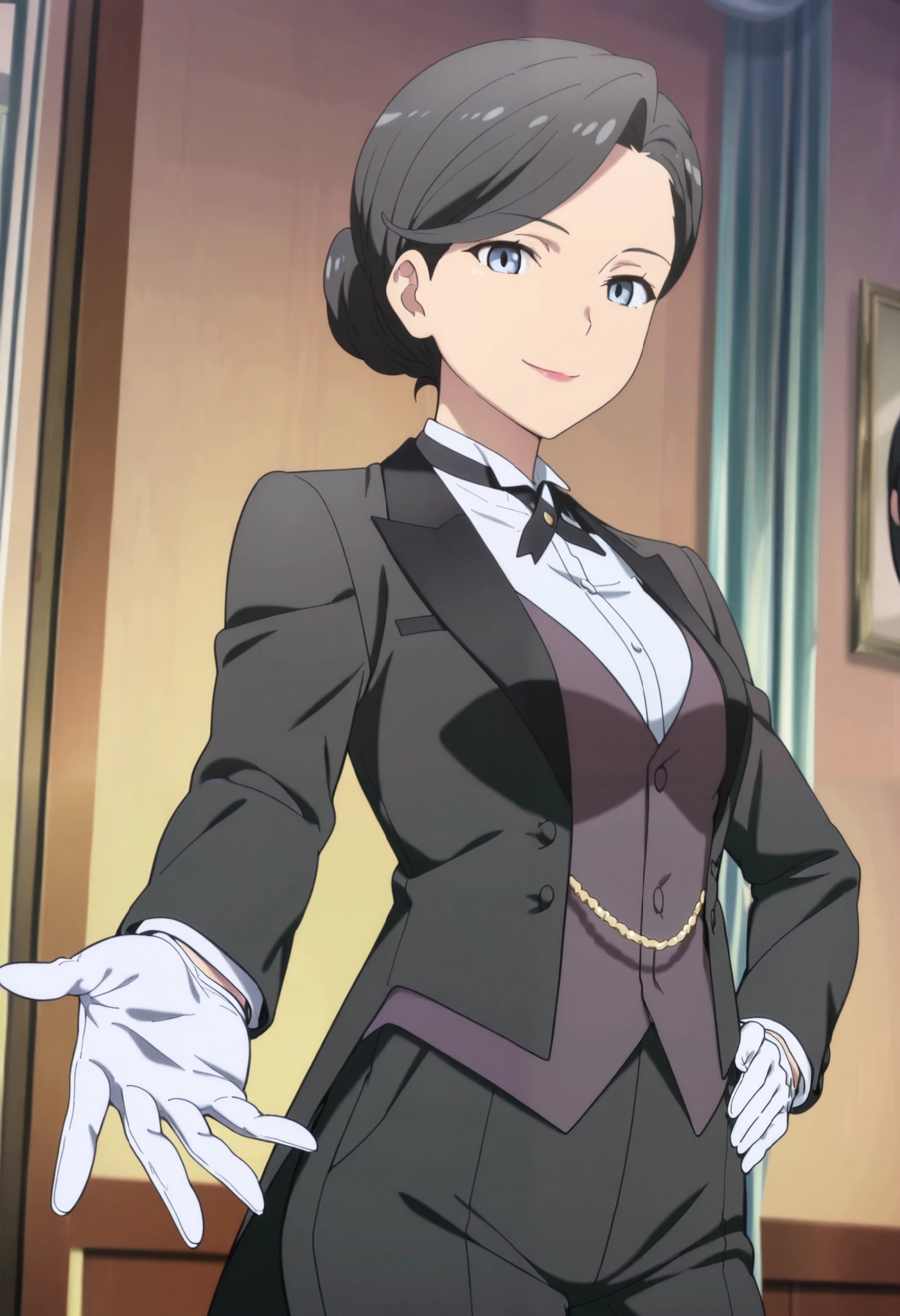 1girl,solo,mm,mature female,hair bun,black hair,blue eyes,lipstick,anime coloring, tuxedo tailcoat, butler, pants,hand on hip, woman in a formal suit,she's looking at the viewer with a calm smile,,, indoors,smile,, gloves ,masterpiece,best quality,amazing quality, ,,reaching at viewer,,,,