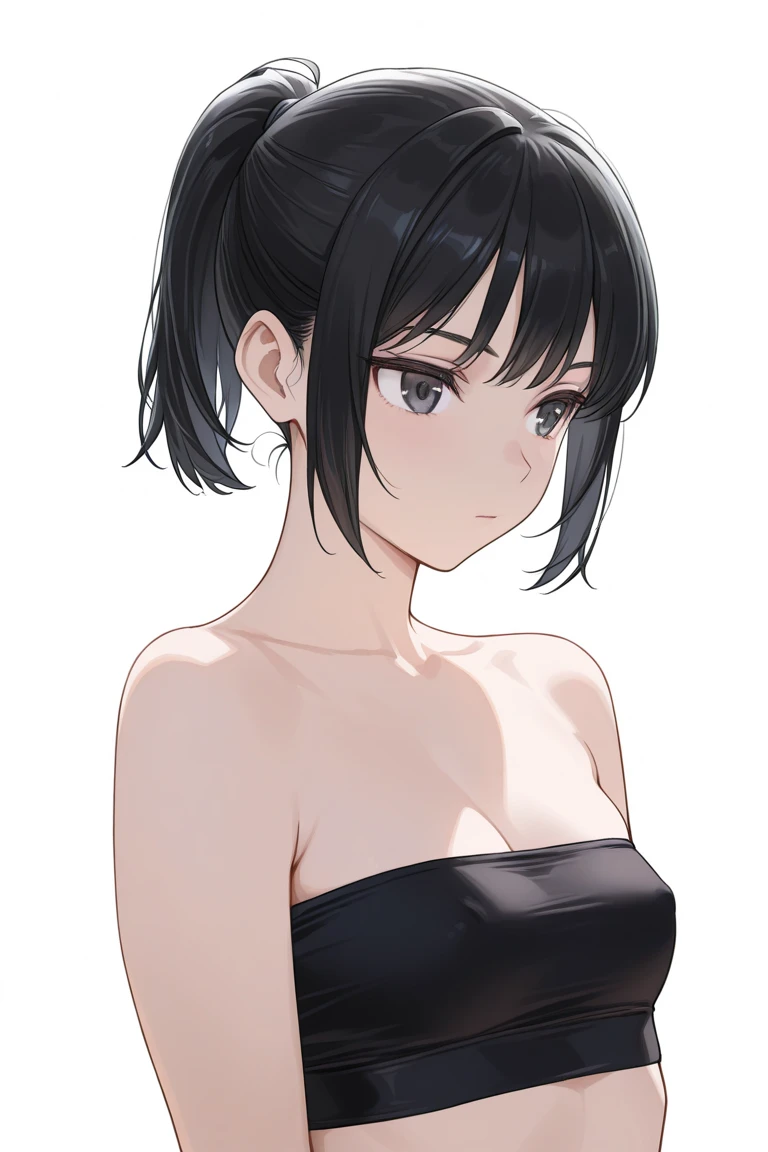 1girl, masterpiece, best quality, high quality, hair bun, simple background, ((white background)), looking at viewer