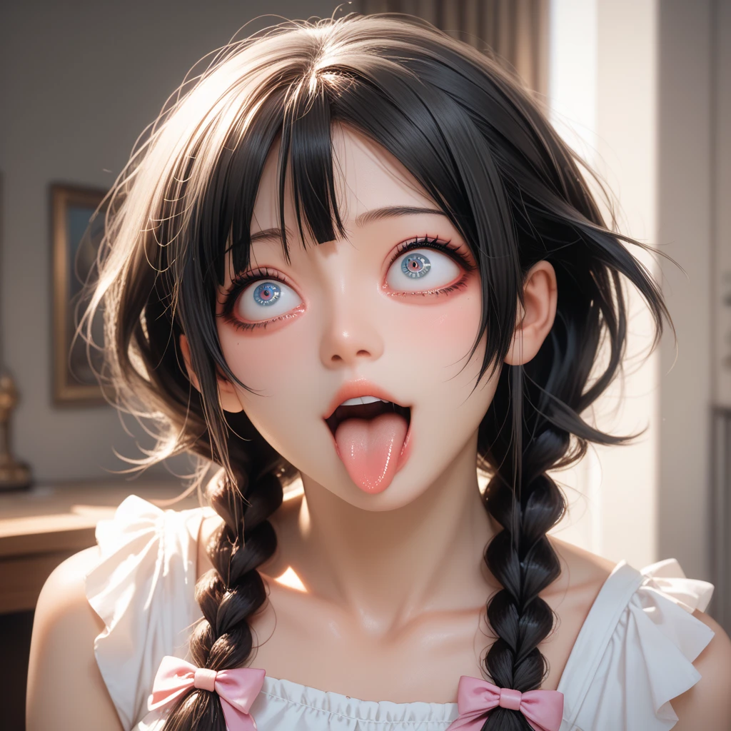 (Looking down,((child:1.8)))、(((((drool from the tip of the tongue:1.8))))),(((((Sticking out tongue:1.5))))),(((Face close-up:1.5)))、Ultra-high resolution、(((Blunt bangs, Princess Van))), (((Very heavy,Voluminous bangs:1.1))),(((very length, Very heavy,Very voluminous side locks:1.1))),, Princess Cut, Straight bangs hairstyle, Round face with Blunt bangs, length, Glossless hair、The bangs are cut straight,(masterpiece, Highest quality:1.5), (ultra detailed 8k cg:1.4), (hyperRealistic:1.25), (PhotoRealistic:1.25), (Realistic:1.4), Cowboy Shot,(Smile 1.3), Beautiful Japanese Girl, , Supermodel, Japanese Idols, (Grin), (Flat Chest:1.5), Sweat、Black Hair:1.2、((Real person:1.5))、Perfect balance、(From below:1.8)