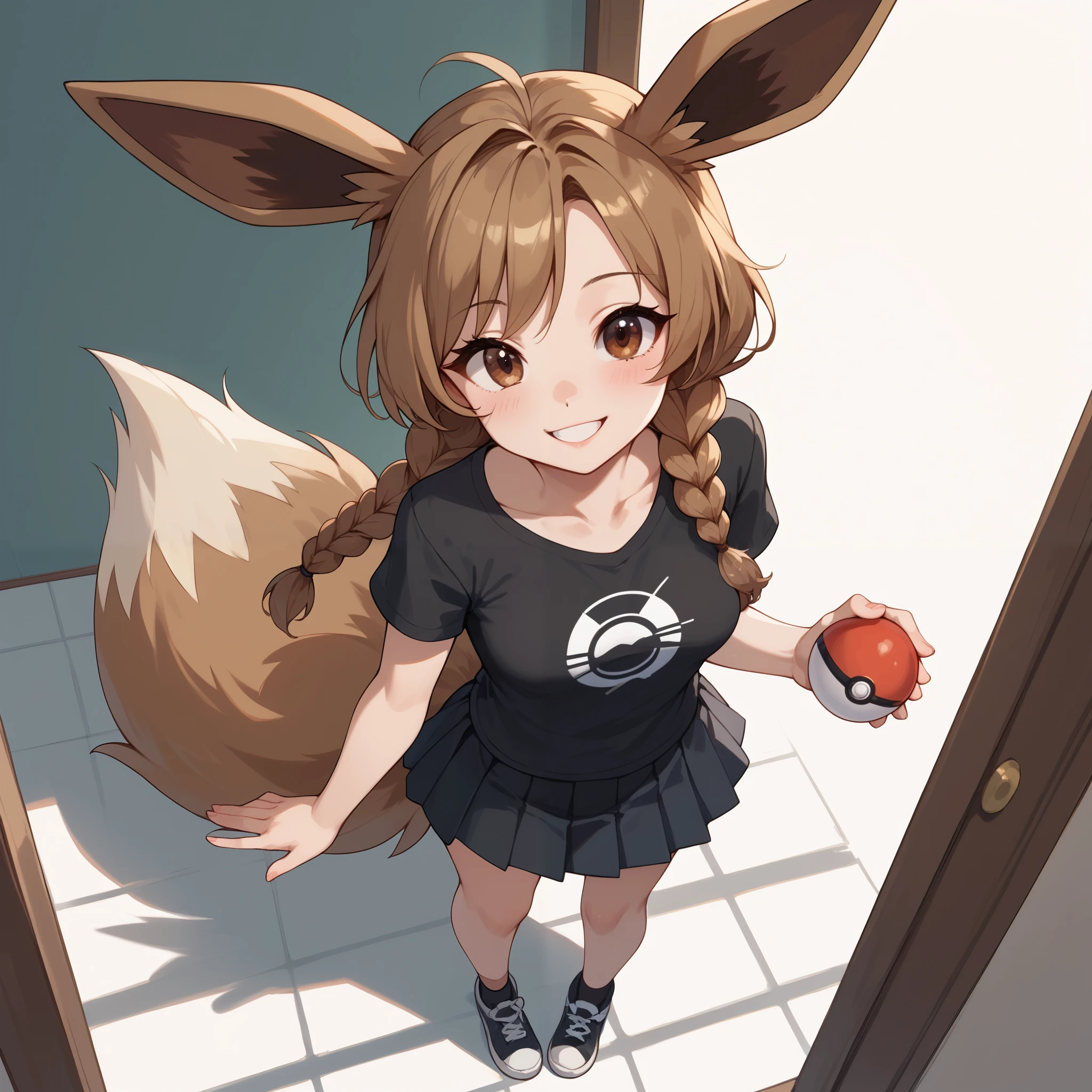 (Masterpiece) (High Detail) (High Res) A full body shot of A very short, cute and petite Human female with pale human skin and brown eyes and long brown braided hair and fluffy brown pointed Eevee ears and a long fluffy brown Eevee tail with a light tip and medium breasts. She is smiling. Human with Animal Ears. From above. She is standing and wearing a black t-shirt with a pokeball and black pleated skirt.