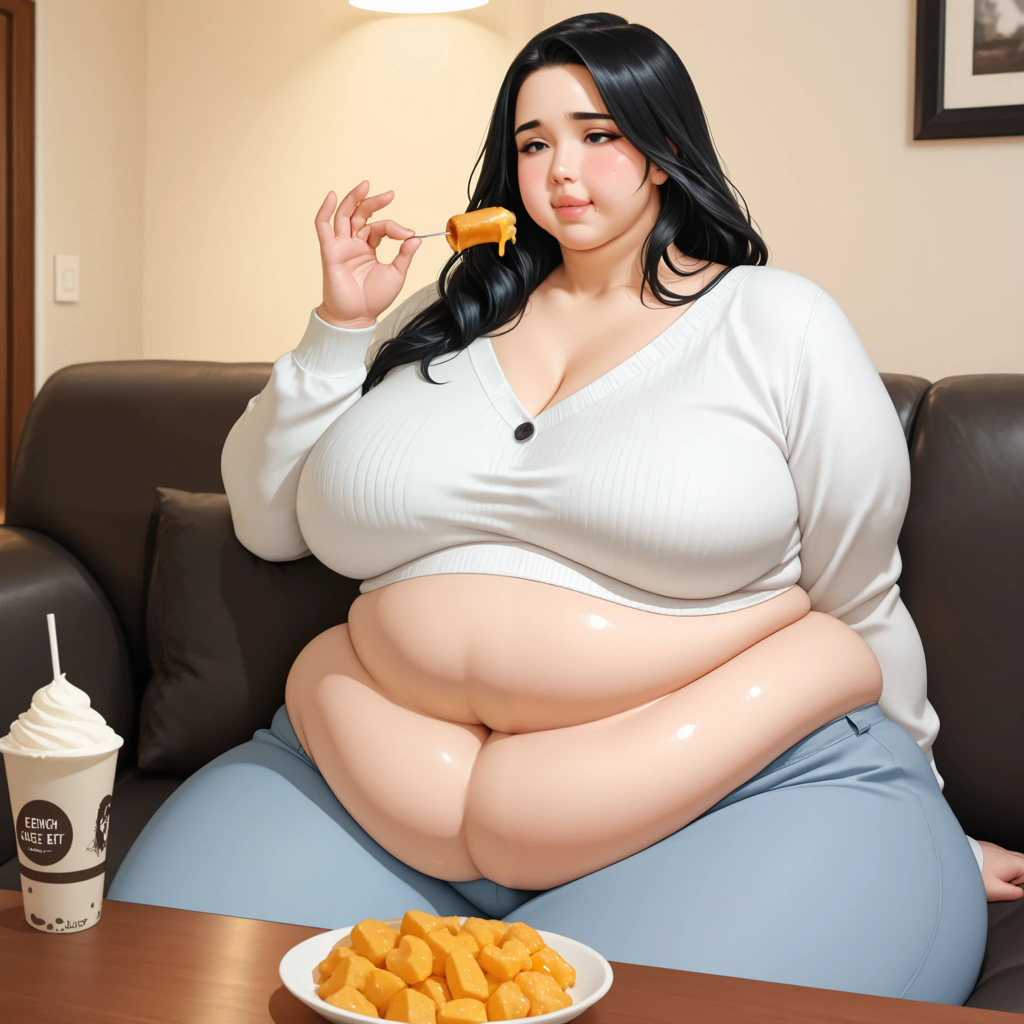 A Gamer photo of a young beautiful bottom heavy Gamer redhead ssbbw with pear-bodyhape, extreme wide hips, with long ginger hair soft fat belly, extremely wide fat obese hips, very obese legs, thick fat wide legs and fat arms, huge wide butt, cute pretty face, fat saggy breasts, in comfortable gamer clothes, Wearing a headphone on her head, sitting on a couch playing videogames with an XBOX controller, there is a pizza and a lot of snacks next to her on the couch