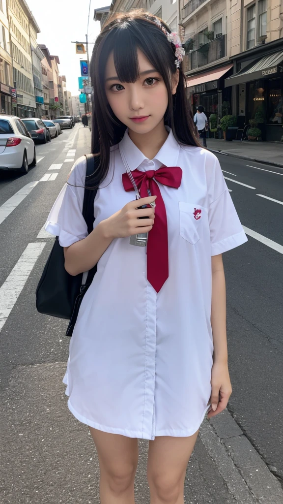 1 Girl, alone, Japanese girl, , 、(Highest quality, Realistic, High resolution, 8K, Very detailed, Detailed face, Shiny skin), Japanese , Collared shirt, White shirt, Red ribbon, Black Hair, ragged bangs, ponytail,Gazing into the distance,Navy blue mini skirt、Nice thighs、Are standing,smile、Shooting from the side、