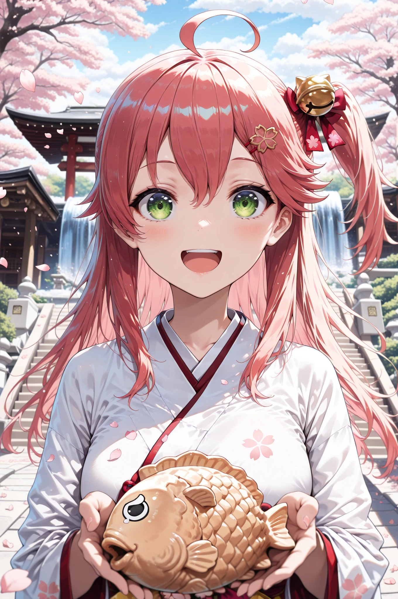 1girl, sakura miko, hololive, (highly detailed face, highly detailed eyes:1.2), 35p \(sakura miko\), hololive,
pov, :D, standing, upper body, offering taiyaki,
(cherry-blossom:1.2), (petals:1.2), japanese shrine, waterfall, brook, (depth of field:1.1), dynamic lighting, 
 BREAK  
(masterpiece, best quality, amazing quality, very aesthetic, high resolution, ultra-detailed, highly detailed, high contrast, high saturation, absurdres, newest, scenery:1.2), detailed background, game cg,
