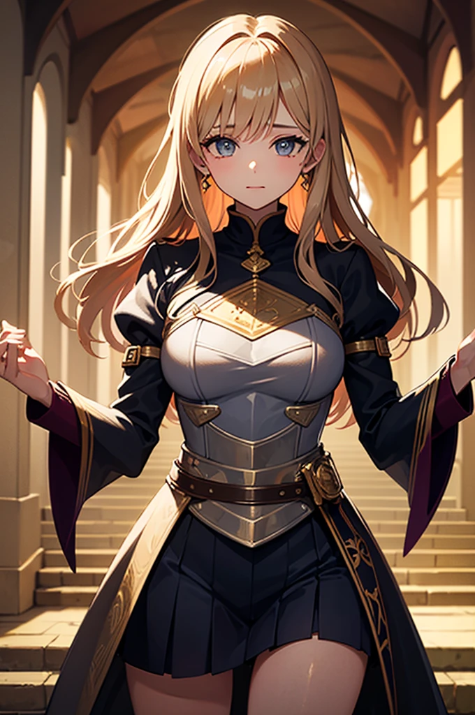 Dark Souls, Dim Light, Old Church, Mature Woman, slim, expensive, Long blonde curly hair, Long black cape, Red leotard with long skirt, Long skirt with diamonds, Gold bracelet, 8k, Official Style, European aristocracy,
