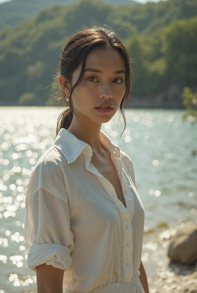 ((best quality)), ((masterpiece)), (detailed), Portrait, (Thai Woman model), look at viewer, long hair, small , white shirt ,short jean on the beach , rim light, analog film photo, Kodachrome,sexy pose.