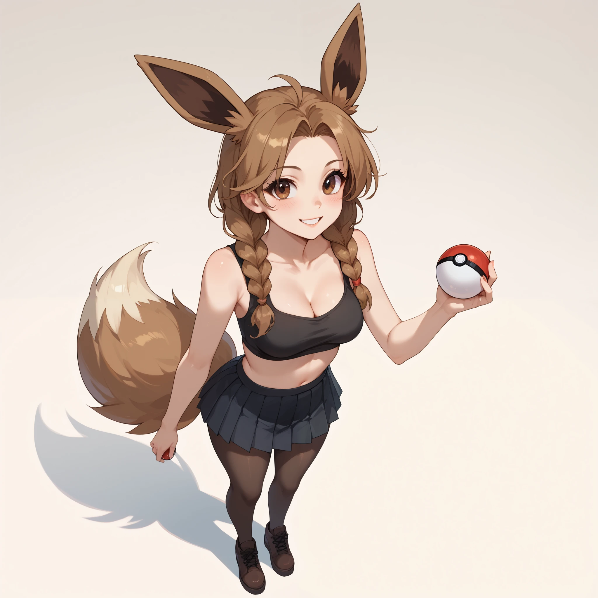 (Masterpiece) (High Detail) (High Res) A full body shot of A very short, cute and petite Human female with pale human skin and brown eyes and long brown braided hair and fluffy brown pointed Eevee ears and a long fluffy brown Eevee tail with a light tip and medium breasts. She is smiling. Human with Animal Ears. From above. She is standing and wearing a black crop top which shows cleavage with a skull on it and black pleated skirt. She is holding a pokeball.