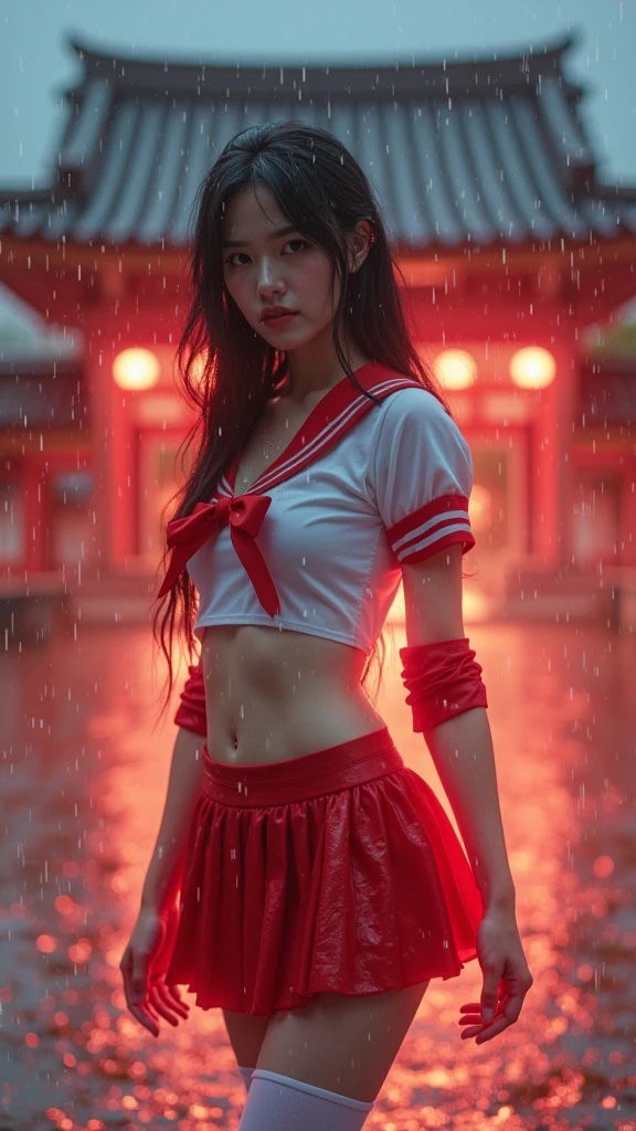 masterpiece, best quality, looking at viewer, facing viewer, bare legs, 1girl, solo, upper body, bow, serafuku, disgusted face, night time, heavy rain, outdoors, city, crop top, navel, wet clothes, drenched, overly long sleeves, hands in sleeves, blood tears, blood marks, dark alleyway, blood splattered on the ground, red bright light, glowing eyes, depth of field,holding a knife,red sky, atmofer,perfect hands