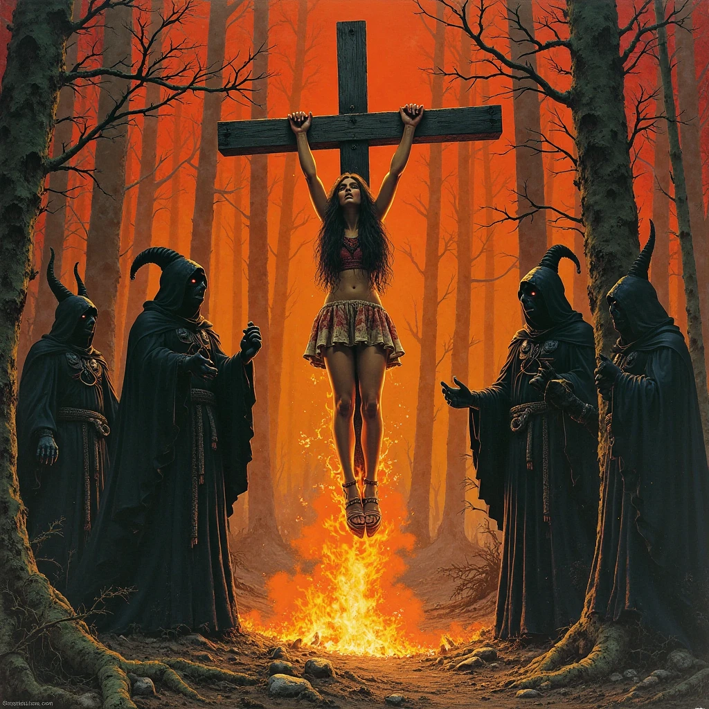 an album art cover for a deathcore, metalcore band. There is a beautiful model kneeling on the ground almost beaten to death, bloody and bruised, she is kneeling before a large cross, there is a demon handing on the cross. The cross is on fire. At the top of the image text reads “”HopesHeart”. At the bottom of the image text reads “Broken Chromosomes”.