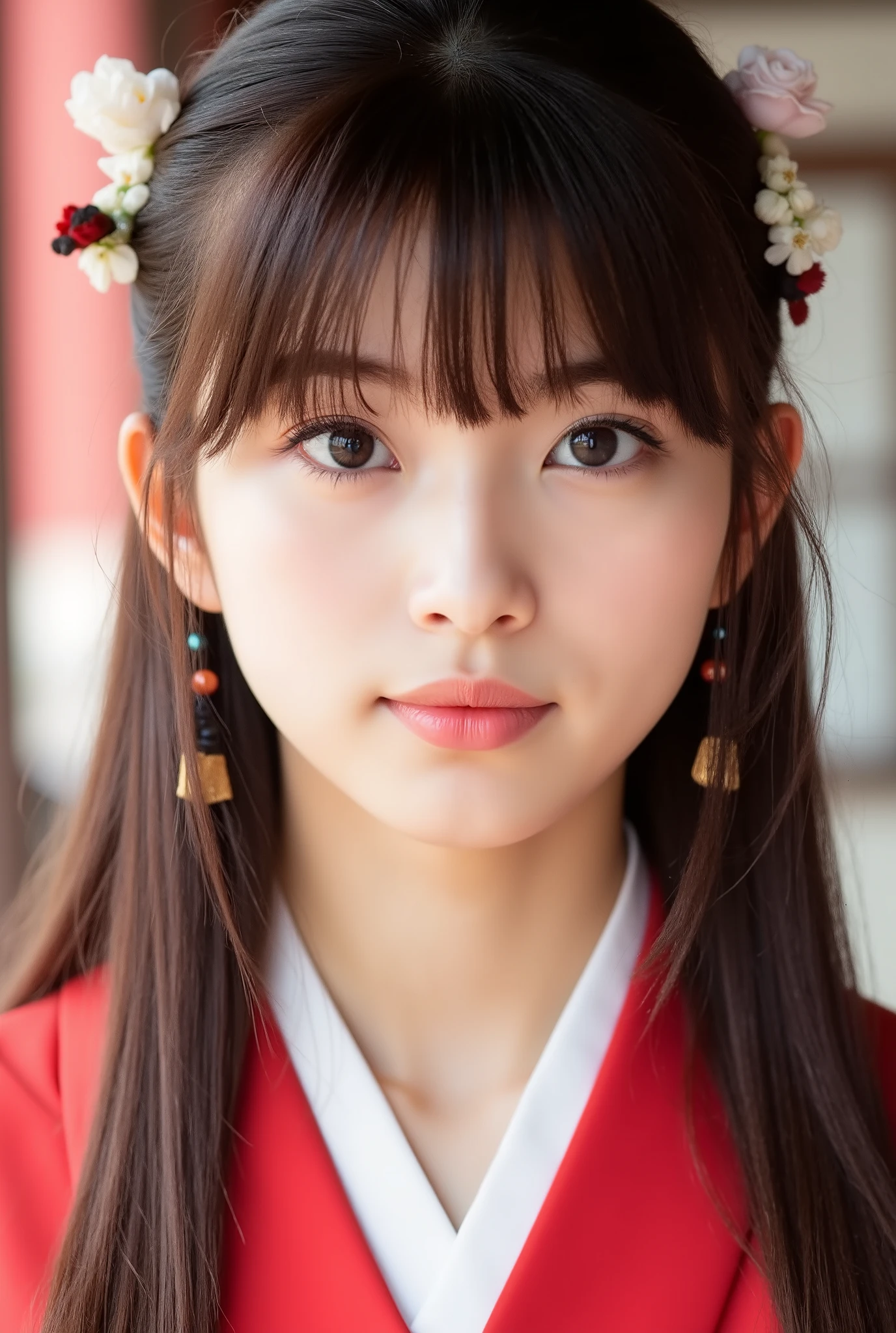 Arafed asian woman with long hair wearing a red jacket and flower in ...