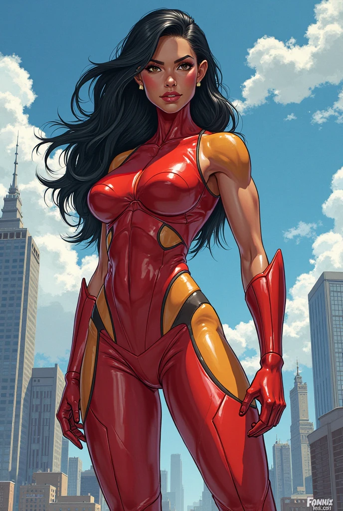((masterpiece)), ((best quality)), ((highres)), beautiful woman, splash art, 8K, solo, superhero, bare legs, (tight leotard: 1), hands on hip, city backdrop, knee boots, (perfect hands: 1), light particles