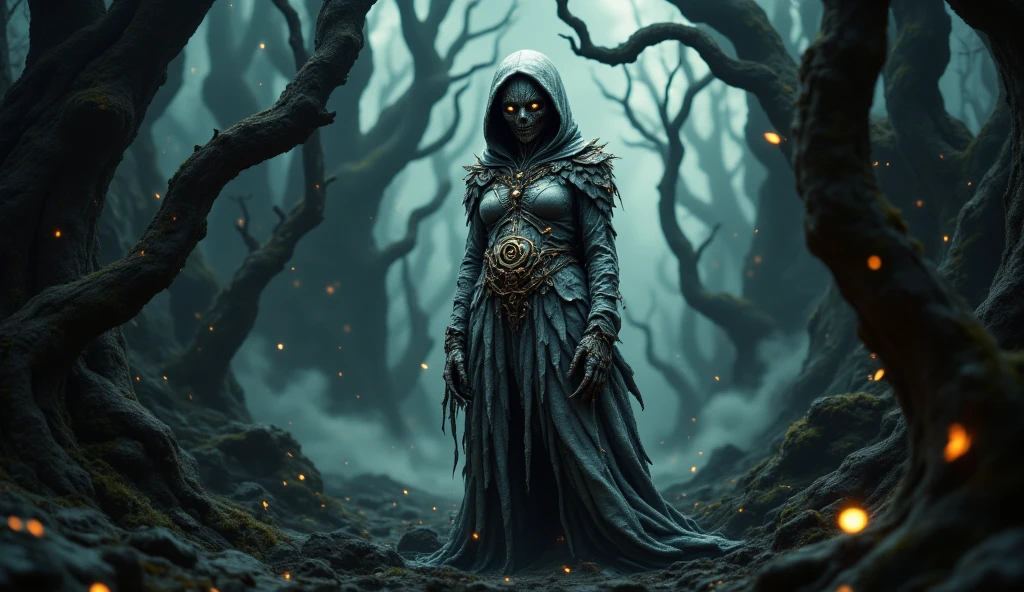 (dark forest ambience) (full body) a dark and creepy old tantric woman holding a stick, dreadful face with intense eyes, dark and moody horror ambience, occult ritual, bright face, dark magic, 8k, hyper detailed, photorealistic, dramatic lighting, chiaroscuro, dark fantasy, muted color palette, ominous atmosphere