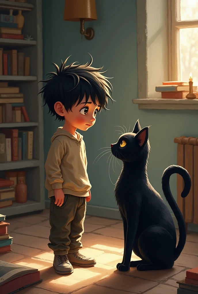 A boy and a black cat ooking at each other beside a glass window opened