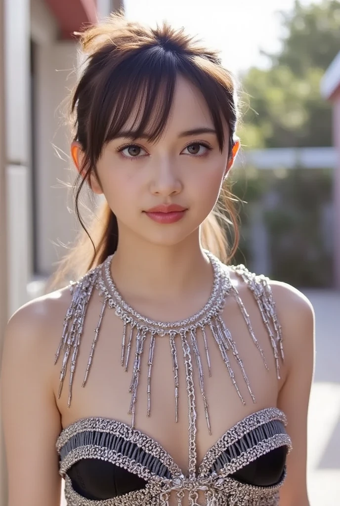 ((((8k))),((Extremely meticulous CG)) ,(wallpaper),16k,((Extremely refined and beautiful)),(((Masterpiece))),(((best qualtiy))),(((Ultra High Resolution))),beautiful light up,Perfect lightning,realistic shaded,((high resolution)),(Smooth and flawless skin:1.5),(Extremely exquisite facial details:1.2),(perfect body:1.2),(ultra-detailed),((A beautiful girl,solo)),(small head:1.2),(pale skin:1.3),(short ponytail:1.2),(earrings:1.2),(small face:1.2),(baby face:1.5),(Exquisite makeup:1.2),(),(),(blush:1.3),((slim,thin)),(laughing:1.2),(happy:1.2),(necklace:1.2),(bare shoulders:1.3),(shoulder off:1.3),(strapless silver-white bra:1.5),(small breasts:1.2),(day scene:1.5),(beside the lake:1.3),(outdoor:1.3),(Chinese architecture:1.2),((Stone arch bridge,pavilion,boats,distant tower)),(white flowers are in full bloom:1.2),(detailed background:1.4),(early spring:1.3),(standing:1.3),(close-up of face:1.3),(from front:1.2), sexy belly