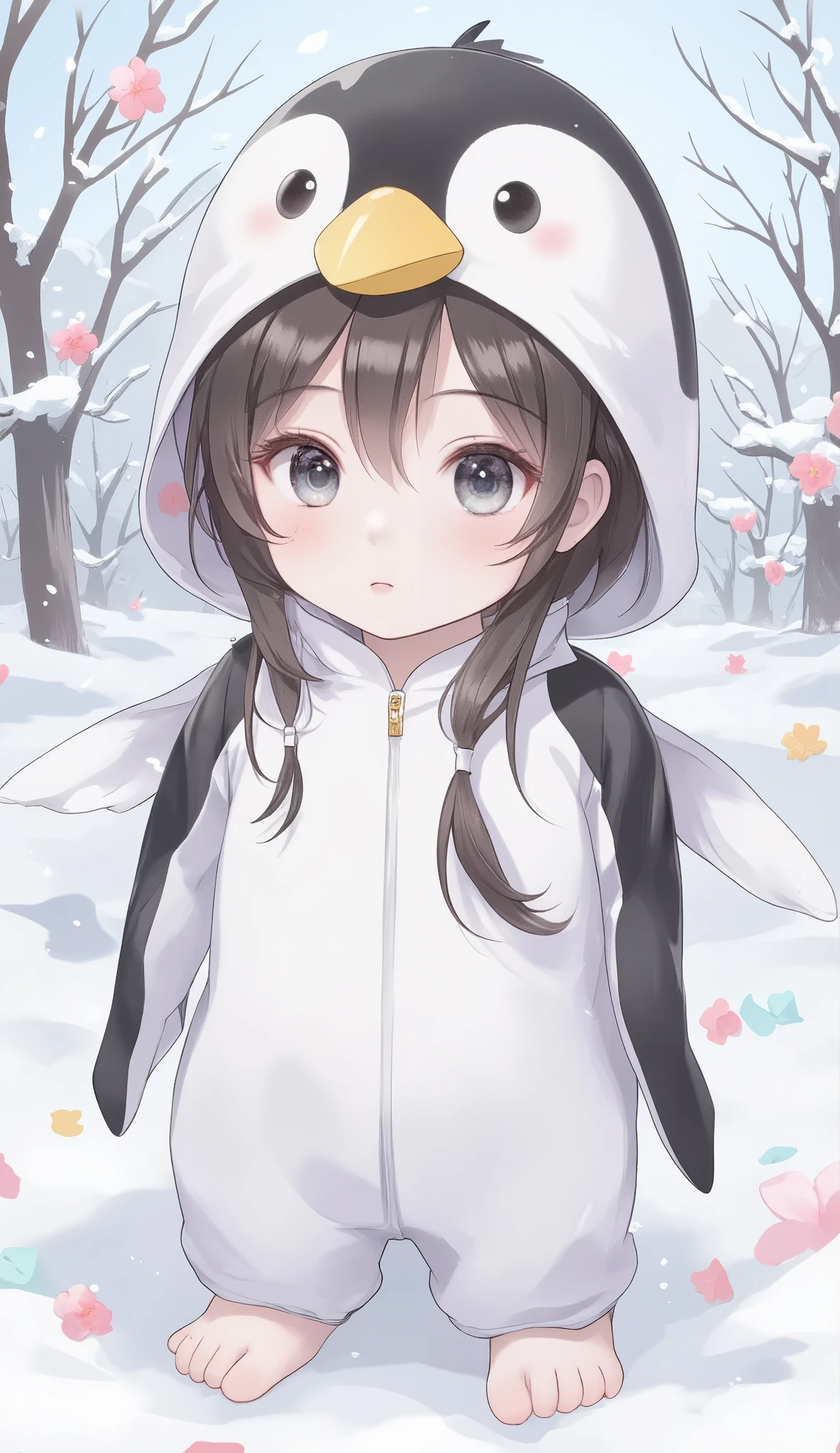 masterpiece, Best Quality, ultra resolution, An illustration of a baby girl wearing a white penguin costume. The costume's head is large with wide-open eyes, and it has a distinctive big yellow beak. cute version drawing small mouth . scatterd flowers like a Snow crystal . Please draw it in a cute and charming style. simple color. hand-drawing.