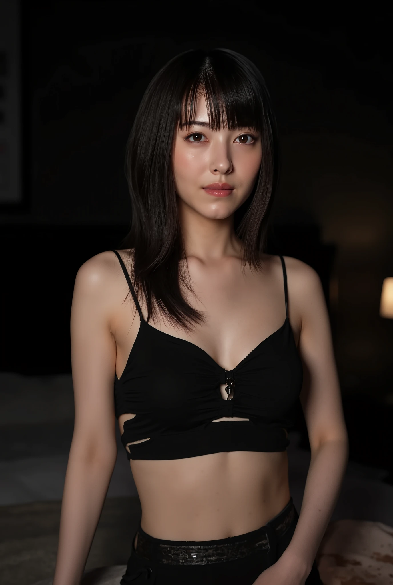 ((( High resolution,top quality, super detailed, Masterpiece , very detailed,realistic,real person,Ultra detailed skin))) ,dark background,(from front),upper body, medium shot, looking at viewer , (tempt face, closed mouth), black hair, medium hair, big breasts, cleavage,crop top, sit on bed, showing breasts