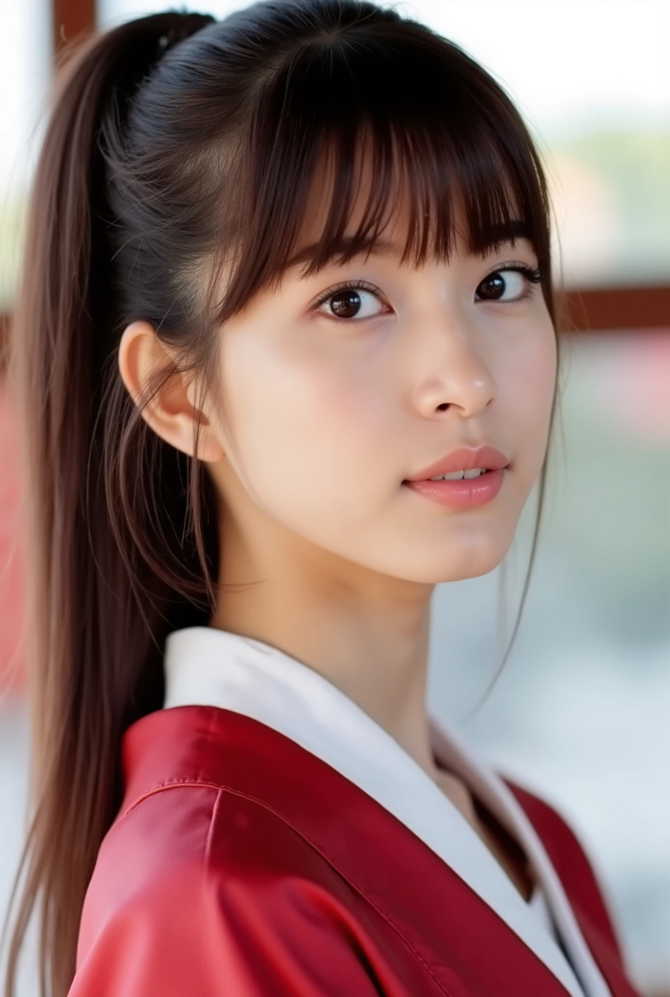 Create a photo collection featuring a beautiful Japanese idol girl with fair skin. She has long straight hair styled in a ponytail with bangs. The theme of the collection should highlight her elegance and charm, particularly in her traditional graduation hakama attire. Capture her purity and grace in each shot.