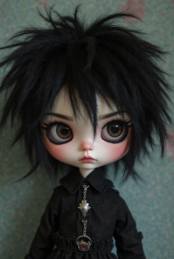 blythe doll with black slanted eyes, Short, wavy, tomboyish hair, but like an anime boy's and messy, black in color, let it be white skin
