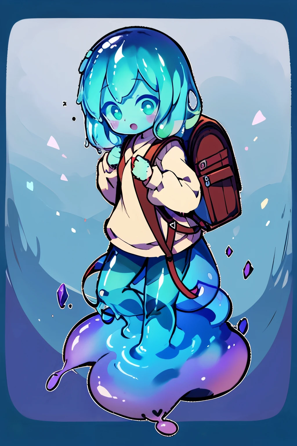 cel shading,jrpg style, Solo, (((fullbody))), cute adventurer slime girl carrying a backpack, fantasy clothes, crystal clear body, ten years old, dinamic pose, pixiv, cute