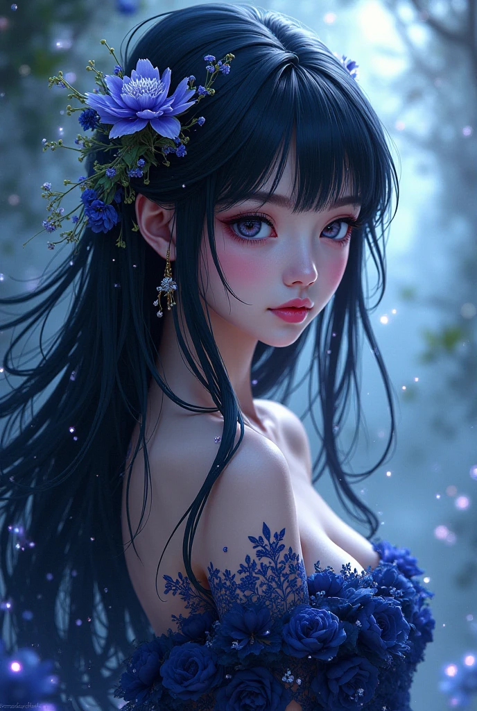 Dark style,ancient style beauty,long black hair,purple eyes,purple gilded black lotus,cleavage,