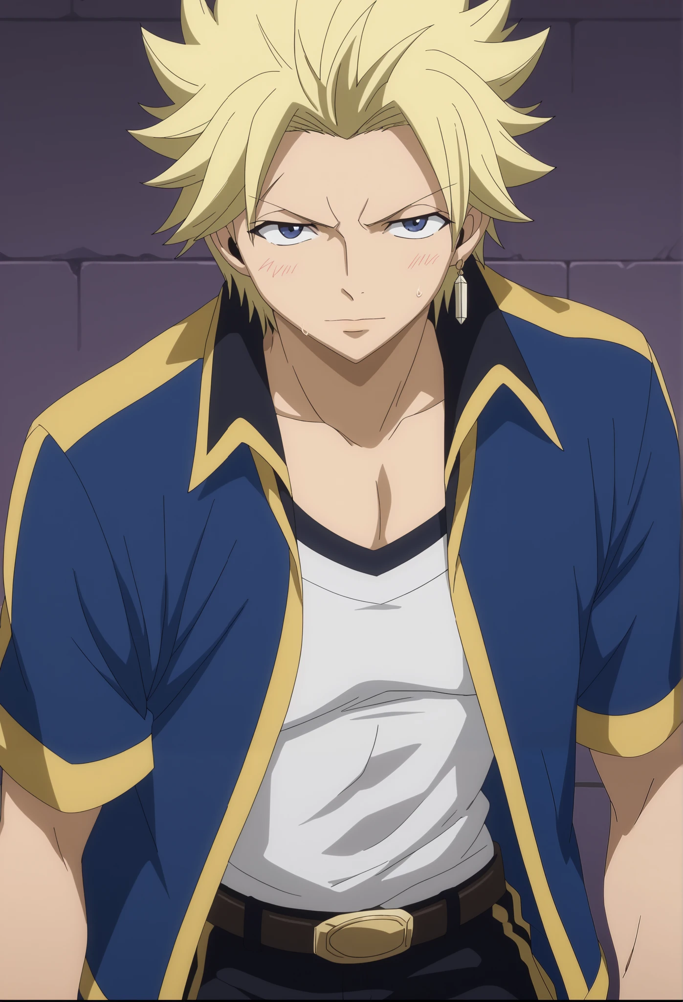front view, Frontal portrait, close-up, looking at viewer, score_9, score_8_up, score_7_up, source_anime, StingFT, Sting blonde hair, light yellow Sting, 1boy, male focus, anime screencap, a blue men's jacket with gold or yellow details, which fits his athletic figure. Underneath, he wears a black long- or short-sleeved T-shirt. His pants are dark and tight fitting, and he completes the look with white fingerless gloves that add a modern touch. He also usually wears a belt with a decorative buckle.