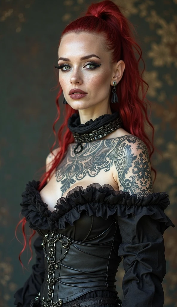 masterpiece,best quality,1girl,solo,(natural skin texture, realistic eye and face details:1.5),(dark:1.4),deep shadow,darkness,moonlight,award winning photo,extremely detailed,amazing,fine detail,absurdres,highly detailed woman,extremely detailed eyes and face,piercing red eyes,detailed clothes,skinny,(gothic),twintails,bangs,frills,skirt,red hair,by lee jeffries,nikon d850 film,stock photograph,kodak,portra 400 camera f1.6 lens,rich colors,hyper realistic,lifelike texture,dramatic,lighting,unrealengine,trending on artstation,cinestill 800 tungsten,Style-Neeko,(facial clarity:1.5),(transparent clothes:1.1),anatomical,gothic style,black lace,half classicism half surrealism aristocratic lady,mystery style tattoo,fantasy