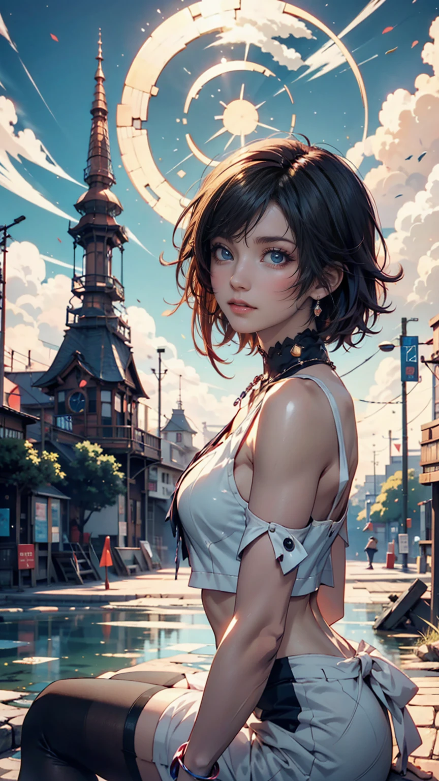 1 girl, serene expression, mesmerizing blue eyes, short hair, streetwear, graffiti fashion, graffiti, poised posture, porcelain skin, subtle blush, golden hour, (rim lighting):1.2, warm tones, sun flare, soft shadows, vibrant colors, painterly effect, dreamy atmosphere BREAK city, graffiti art on walls, smog, cars, city roads, stylized world, ultra detailed, official art, unity 8k wallpaper , zentangle, mandala