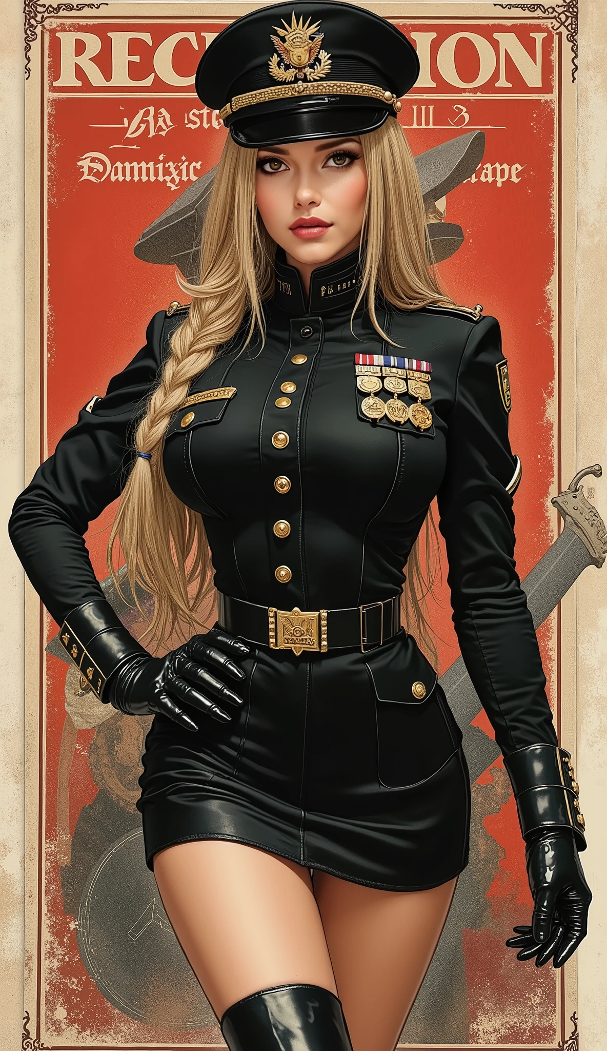 the proportions and detailed textures multicolor brushwork and softened with airbrush, semi-realistic ink china illustration of a strong and beautiful young girl in a steampunk style police uniform and epic fantasy (full body pose, with a confident and daring stance, Full lips and defined eyebrows, thick thighs, huge round breasts, wide hips, thin and high waist, flat stomach) Her long, straight blond hair is tied into a (long) braid that falls down her back. Her uniform consists of a black shirt beautifully decorated with military orders, decorations and medals, a tight, high-waisted, finely tailored knee-length pencil skirt, and an officer's beret decorated with a military police badge. In the background is a recruitment poster for the army, all in a steampunk and World War II style. The composition, halfway between vintage and punk, of the overall image is clean, defined and of high quality. balanced saturation in the color palettes very defined (color with monochrome shading and shine tones of red 25% + yellow 25% + blue 25% + biofluorescent 12.5% + transparencias 12.5%. Aesthetic fusion by (Fibonacci ratio. Young girl (Her skin pink with various shades of dark-beige that give contrast and brightness character) style. A poupée realiste of a young office's police. haute couture photoshoot (Full body in a movement position with hands and legs in a dynamic pose). Fluid texture of fine, thin fabric that molds to your body (Her clothes with relief and folds give volume and depth to the character). Sharp Highly Detailed Soft Focus, Approaching Perfection, Full HD 8K, High and Low Angles. of Gianni Versace, Coco Chanel, Alberto Vargas, Greg Rutkowsk art style fusion.
.