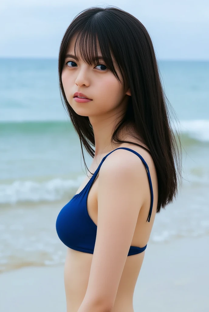 Japanese, female, 20 years old, alone, whole body, baby face, big eyes, small mouth, black hair, twin tails, bandeau bikini swimsuit, coast, sea surface with moon reflected, beautiful legs, bare legs, night, moonlight, ghost photo, ghost, girlfriend I can see someone's hand on my shoulder, it's scary, my hands are wet, my hands are dirty,