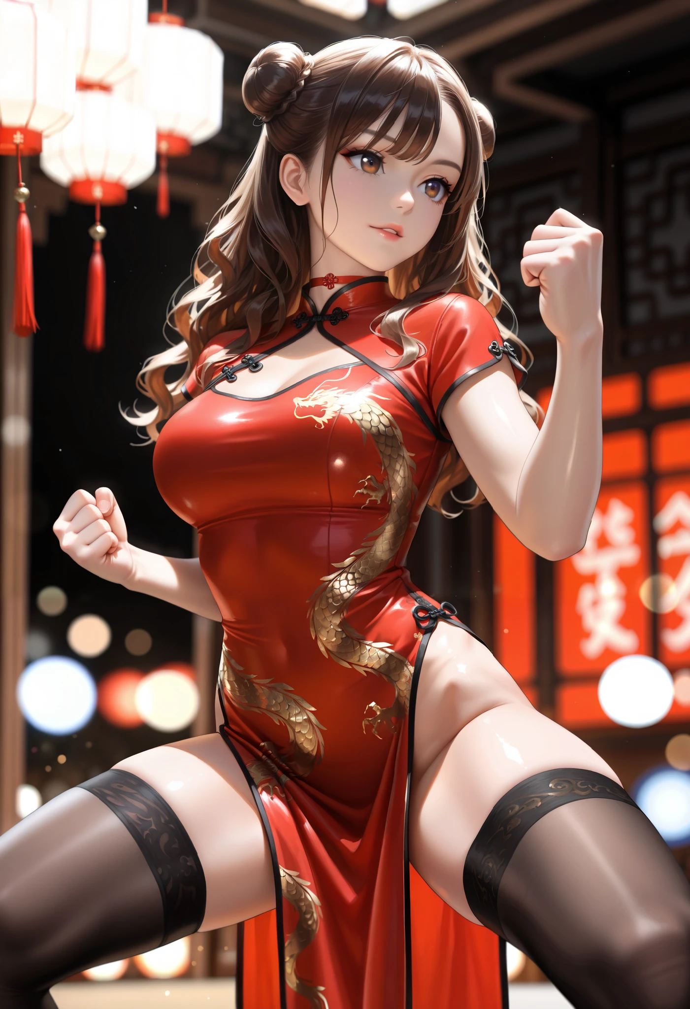 (extreme close-up),(kung fu pose:1.2),(ultra detailed skin),curvy,petite,beautiful breasts,large breasts,pale skin,pointy breasts,erect nipples,(fantasy art,Highest image quality,Hyperrealist portrait,(8k),ultra-realistic,best quality, high quality, high definition, high quality texture,high detail,beautiful detailed,fine detailed,extremely detailed cg,detailed texture,a realistic representation of the face,masterpiece,Sense of presence,Dynamic,bold),(thin hair),(soft hair),(straight hair:1.5),Swept long bangs,extra light coppery amber hair,hair over one eye,See-through armored dress with asymmetrical embroidery,tight mini skirt,stockings,Engineer boot