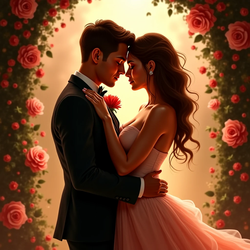 A man hands a woman (Resembling Gal Gadot actress) a single rose, both smiling warmly as they exchange a look filled with love. Behind them, a charming flower shop provides a picturesque backdrop, emphasizing the romantic and tender nature of their interaction. Realistic Image