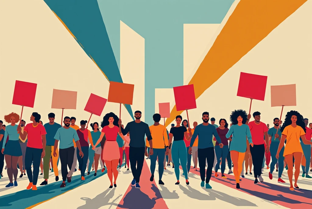 group of energetic LGBTQ diverse men and women protesting with blank banners in a black and white sketch style with a colourful abstract image eminating from the bottom of the picture a group of people holding signs and standing in front of a building, group photo, official artwork, promo image, promotional poster, screen capture, full image, illuminating the area, popart